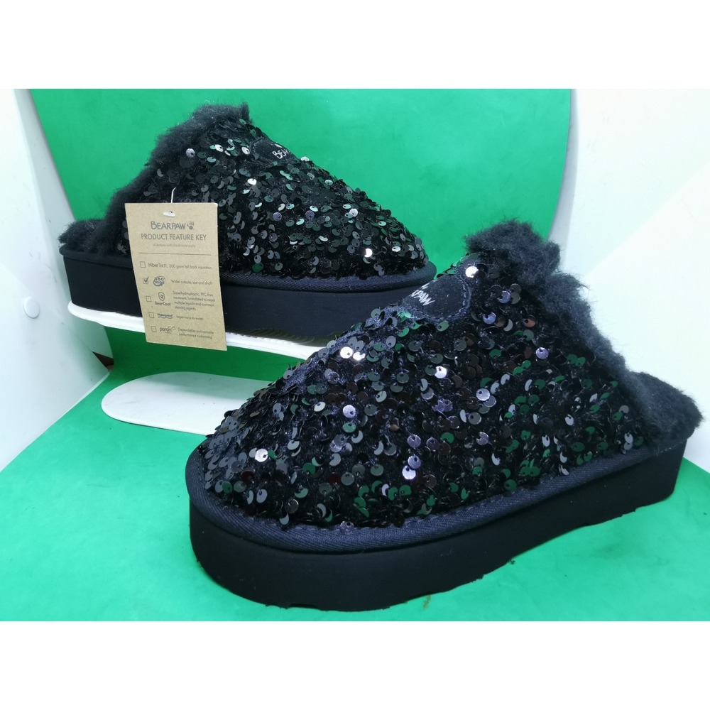 Bearpaw Womens PORTIA Sequin Embellished Slipper Mule BLACK Size 8 Wide NEW